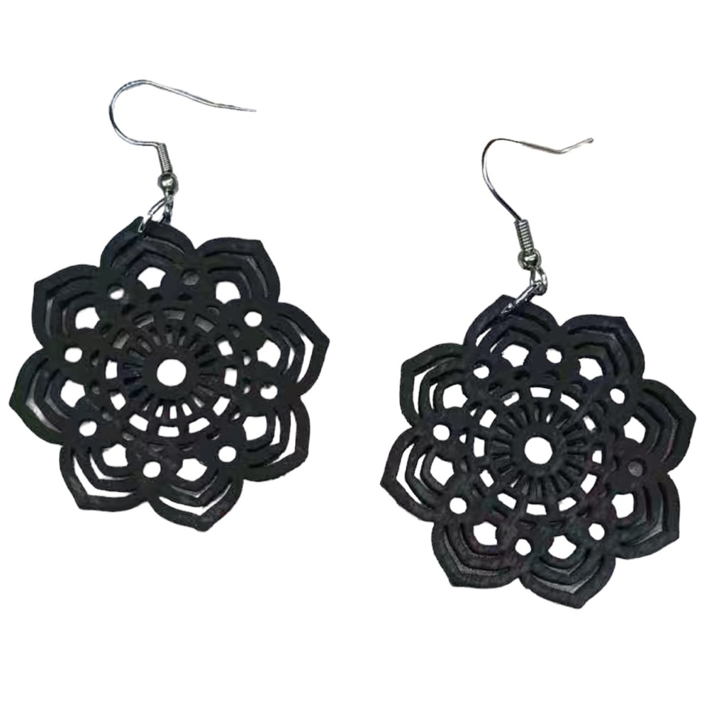 Boho Black Mandala Design Cut Wood Earrings